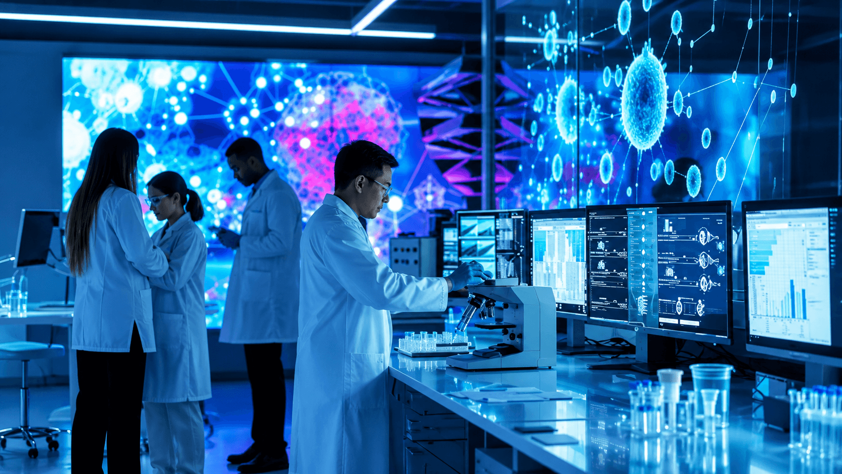 Researchers reviewing molecular data in a laboratory